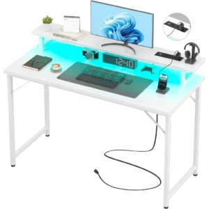 47.3 inch (120cm) white computer desk with ergonomic monitor stand and glowing LED lights
