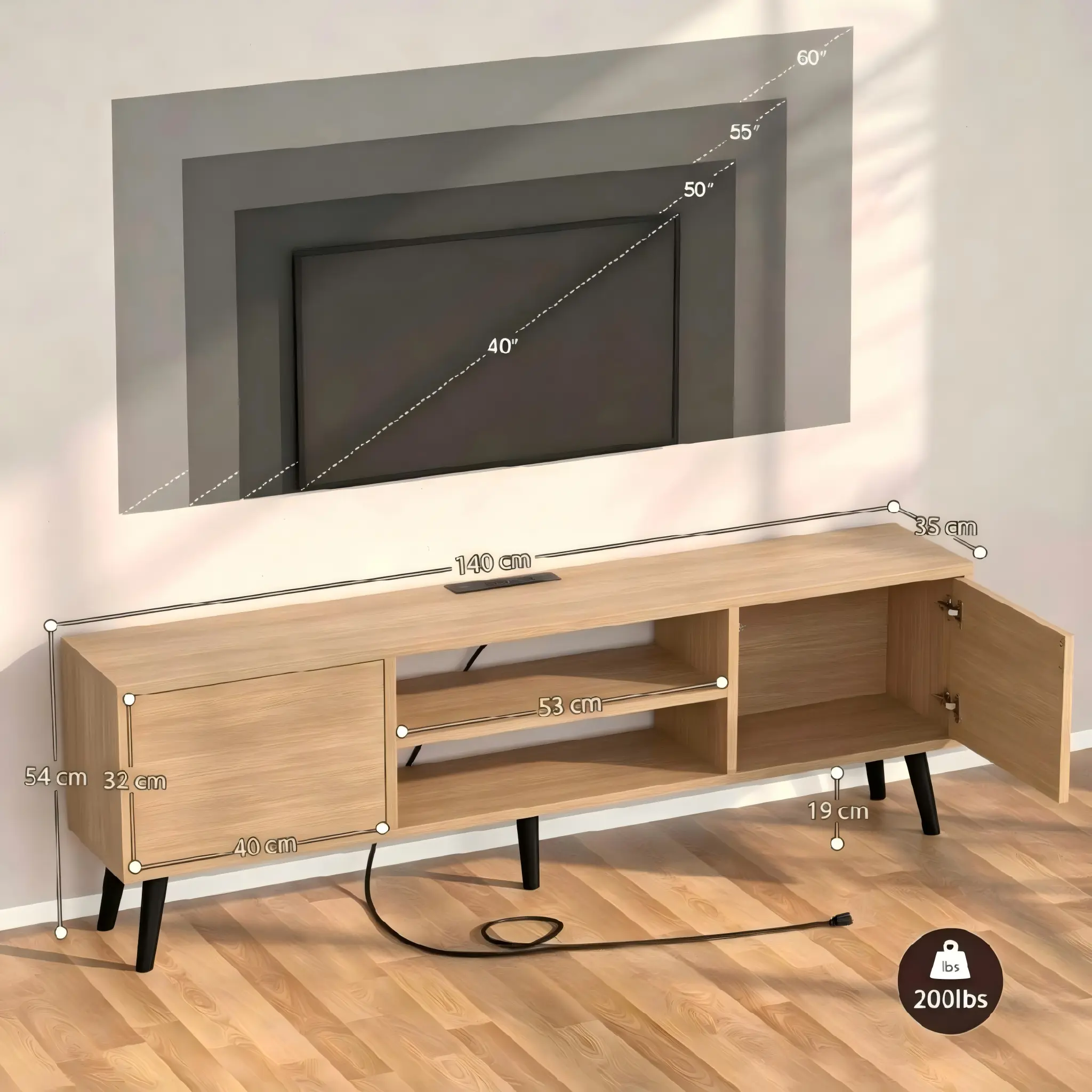 oak-tv-stand-size-compatibility-guide Oak light brown TV stand size compatibility guide showing visual proportions for 50 inch 55 inch and 60 inch televisions