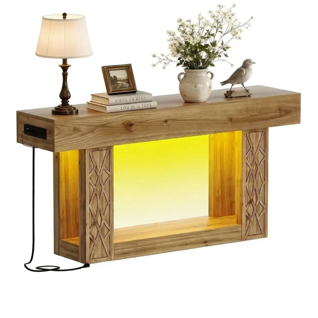 Farmhouse console table with charging station and LED lights, rustic wooden entryway sofa table with hollow carved geometric design for living room