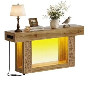 Farmhouse console table with charging station and LED lights, rustic wooden entryway sofa table with hollow carved geometric design for living room