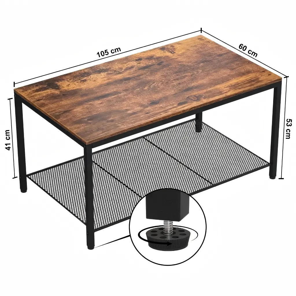 industrial-coffee-table-mesh-shelf-dimensions Rustic brown industrial coffee table dimensions and size blueprint diagram showing iron mesh shelf and adjustable foot pads