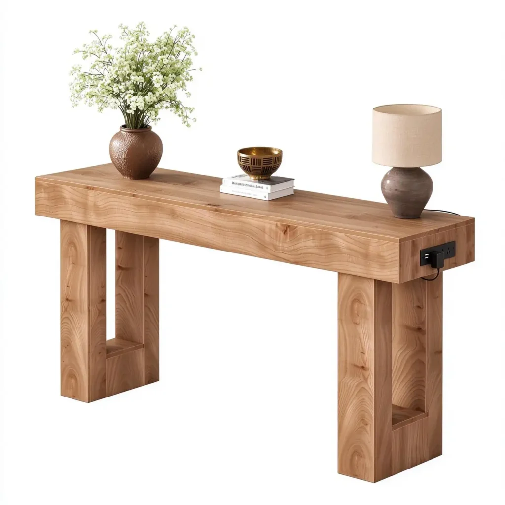 Minimalist chunky wooden console table with charging station, modern natural wood grain entryway sofa table with hollow block legs for living room.
