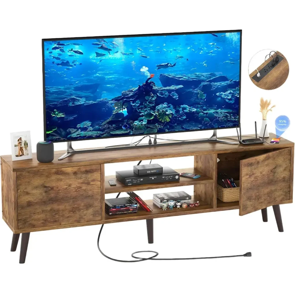 Rustic brown modern media console table holding a flat-screen television with integrated power strip