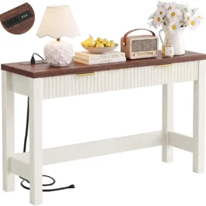 Wholesale modern white fluted console table with brown top, narrow entryway sofa table featuring built-in charging station power outlets and gold handles