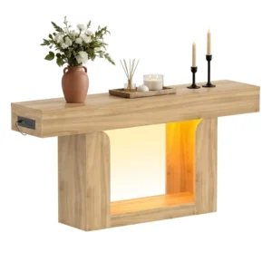 Natural oak console table featuring a built-in power strip and warm LED backlighting underneath the tabletop