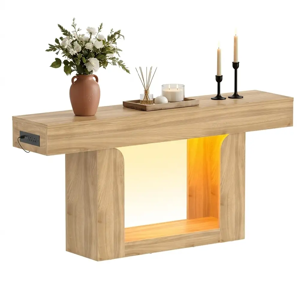 Natural oak console table featuring a built-in power strip and warm LED backlighting underneath the tabletop