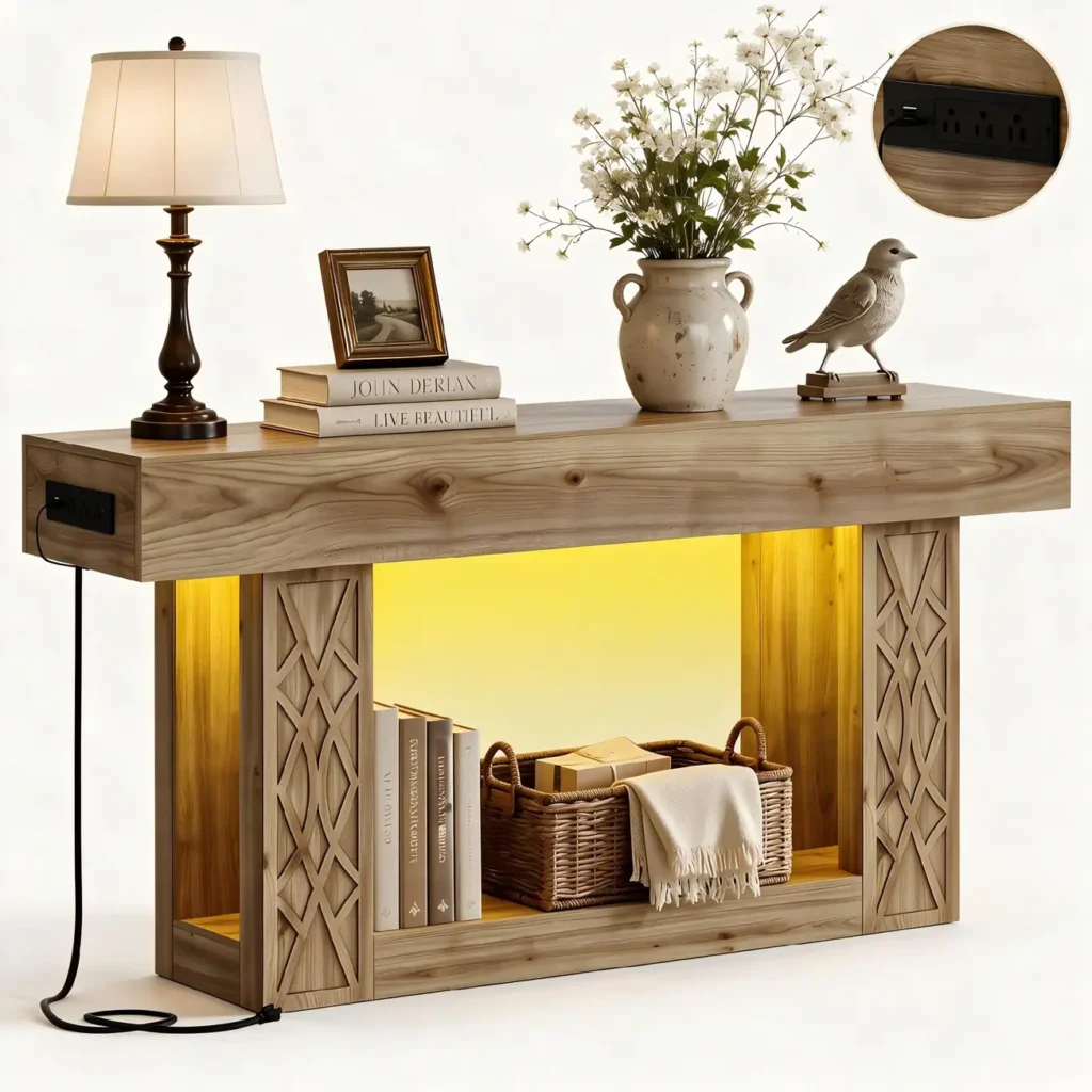 natural wood console table with led lights and power outlet