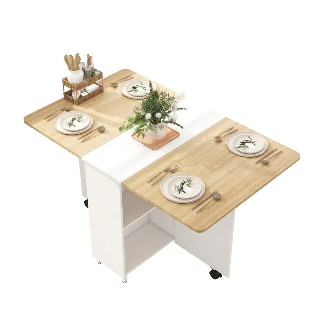 Natural wood folding dining table with white frame and drop leaf extensions