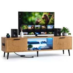 Modern oak fluted TV stand with LED lights, glass shelves, and built-in power outlets