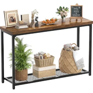 Rustic brown 2-tier narrow console table placed behind a couch in a modern living room