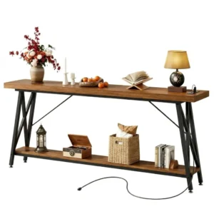 Rustic brown extra long 2-tier console table featuring a built-in power strip and heavy-duty steel frame with X-brace metal legs
