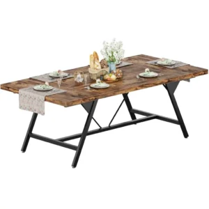 Rustic brown extendable dining table with industrial metal legs for 6 to 8 people