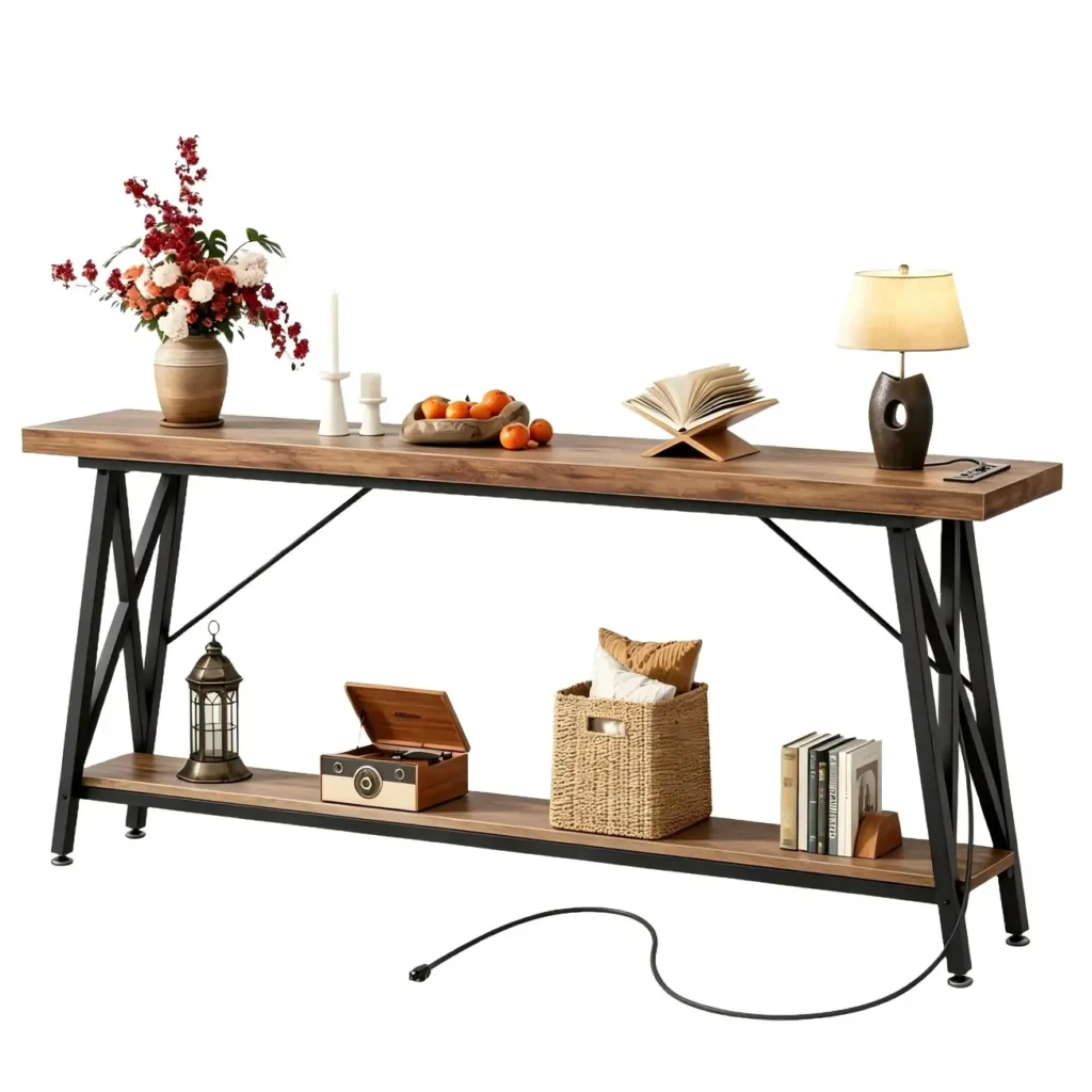 Long rustic brown industrial console table featuring a built-in power outlet, 2-tier wood shelves, and sturdy X-shaped metal legs for sofa and entryway use.