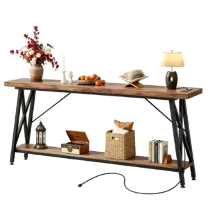 Long rustic brown industrial console table featuring a built-in power outlet, 2-tier wood shelves, and sturdy X-shaped metal legs for sofa and entryway use.