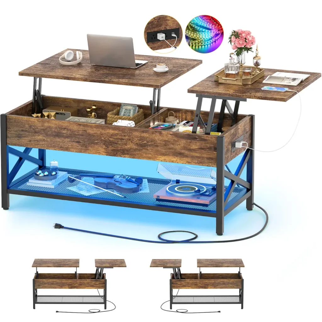 Rustic brown split lift top coffee table with LED lights and built-in power outlets for industrial living room office