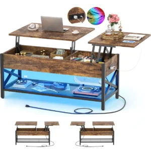 Rustic brown split lift top coffee table with LED lights and built-in power outlets for industrial living room office