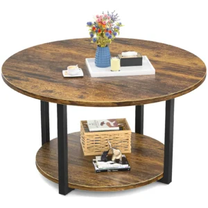 Rustic brown round coffee table with 2-tier storage open shelf and black metal legs for industrial living room