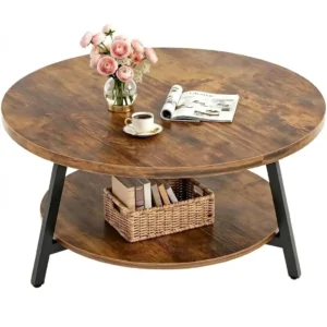 Rustic brown round coffee table featuring 2-tier wooden open shelves and black metal legs