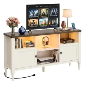 Off white and brown farmhouse tv cabinet with LED lights