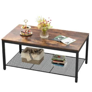 Rustic brown 2-tier industrial coffee table with dense iron mesh storage shelf and black metal frame white background