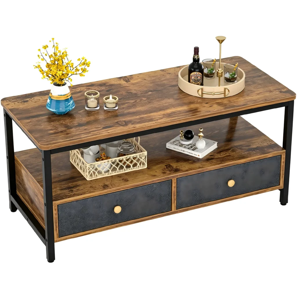 Rustic brown 2-tier coffee table with 2 drawers and metal frame for living room space saving central table