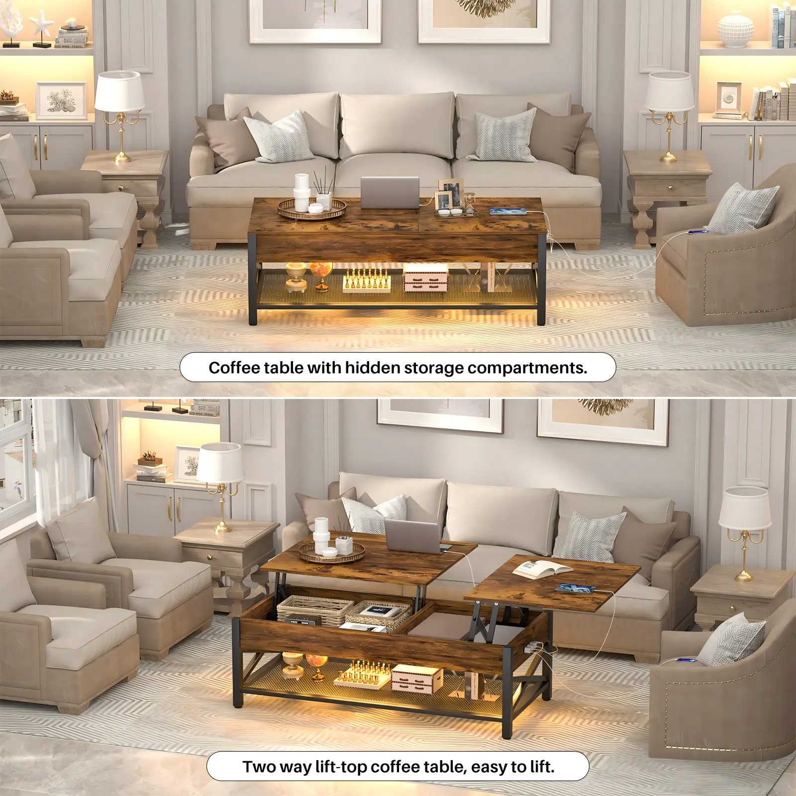Split Lift Top Coffee Table - Lifestyle Mode Comparison Cozy Living Room Scene of Split Lift Top Coffee Table Showing Closed Storage and Raised Workspace Modes