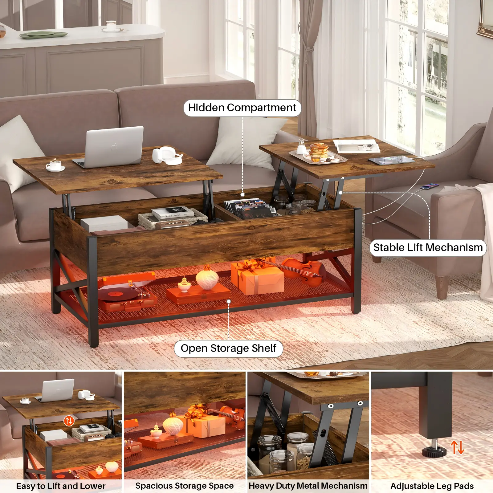 Split Lift Top Coffee Table - Rustic Brown Lifestyle Details Rustic Brown Split Lift Top Coffee Table in Living Room with Metal Frame and Adjustable Foot Pads Details
