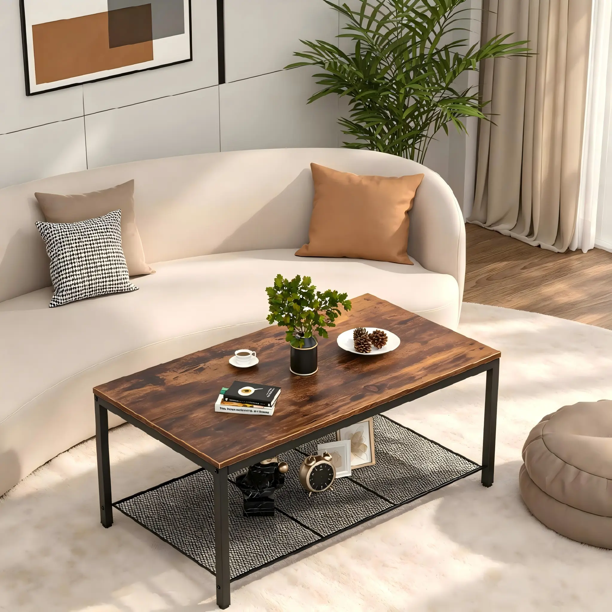 rustic-brown-industrial-coffee-table-mesh-shelf-lifestyle-closeup Close up of rustic brown industrial coffee table with iron mesh shelf styled with cream sofa and green plant in living room lifestyle scene