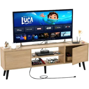 Oak light brown 2-tier TV stand with built-in power outlet and charging station for 60 inch TV white background