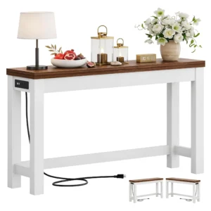 White and brown console table with power outlets and USB ports for entryway
