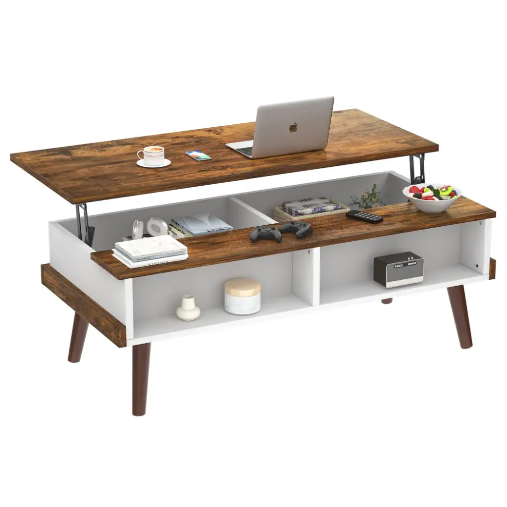 White and brown lift top coffee table with hidden storage and open shelves for living room laptop working