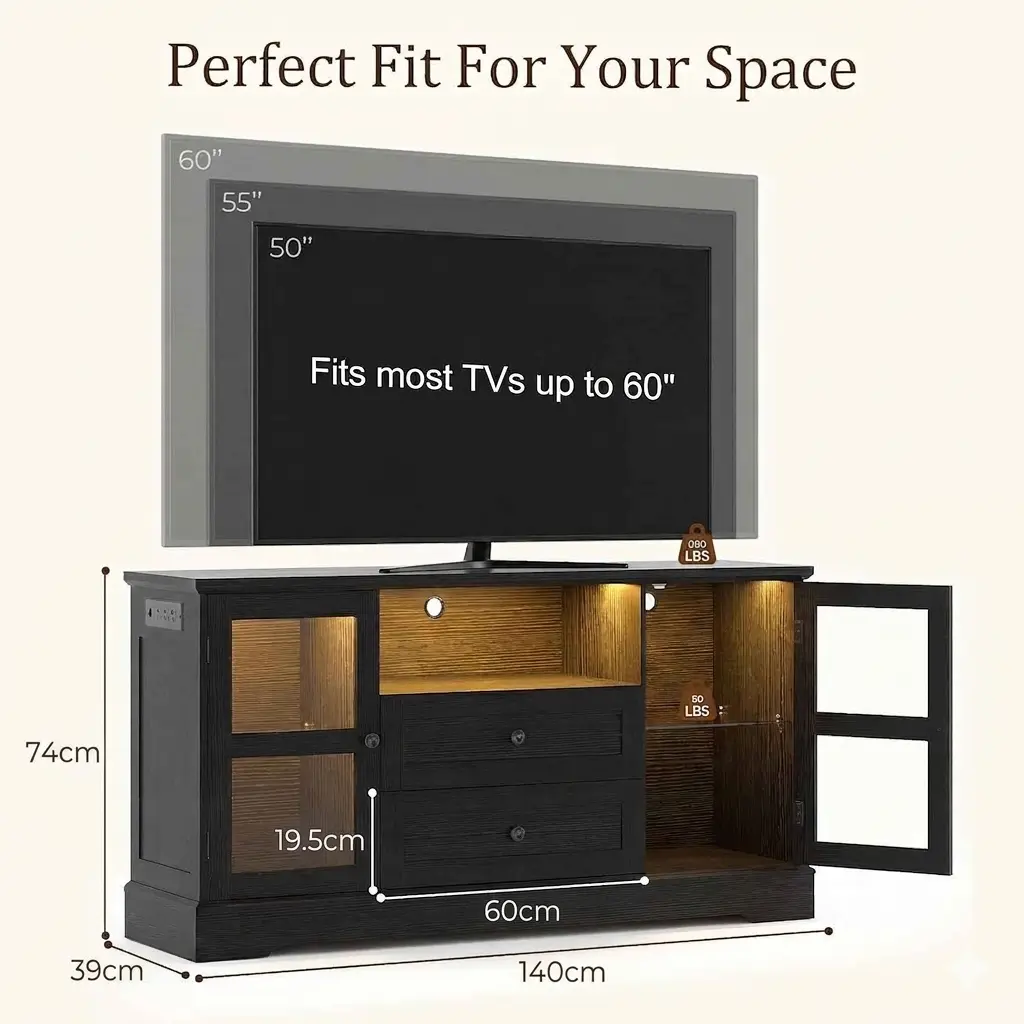 55-Inch-140cm-Matte-Black-TV-Stand-Dimensions Commercial product dimensions diagram of 55 inch 140 cm matte black tv stand showing height depth width weight capacity and television size compatibility chart