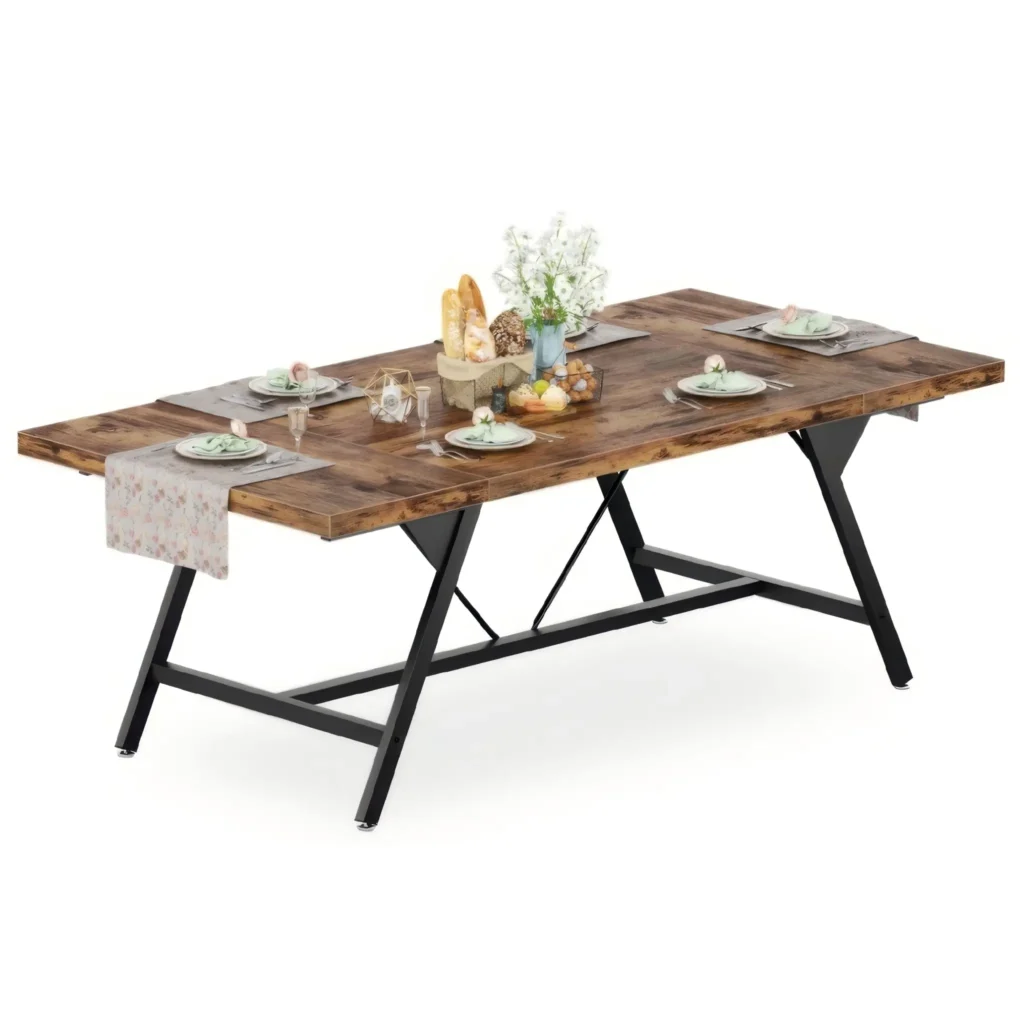 Rustic brown industrial dining table for 4-6 people with black metal legs