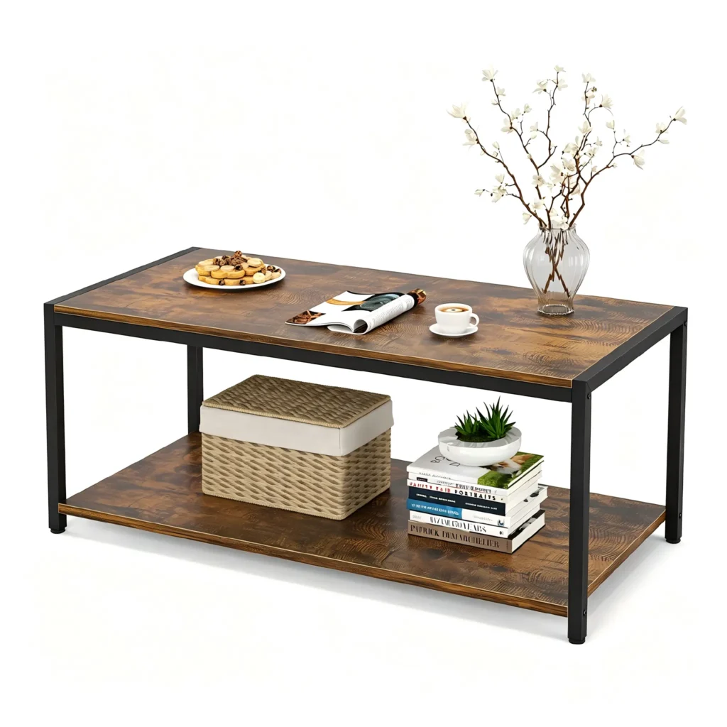 Rustic brown 2-tier industrial coffee table with open storage shelf and black metal frame for modern living room