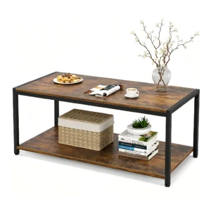 Rustic brown 2-tier industrial coffee table with open storage shelf and black metal frame for modern living room