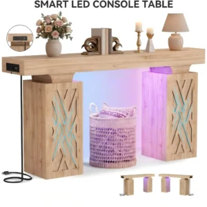 Natural oak 47.2 inch (120 cm) thick console table with RGB LED lights in entryway lifestyle decor