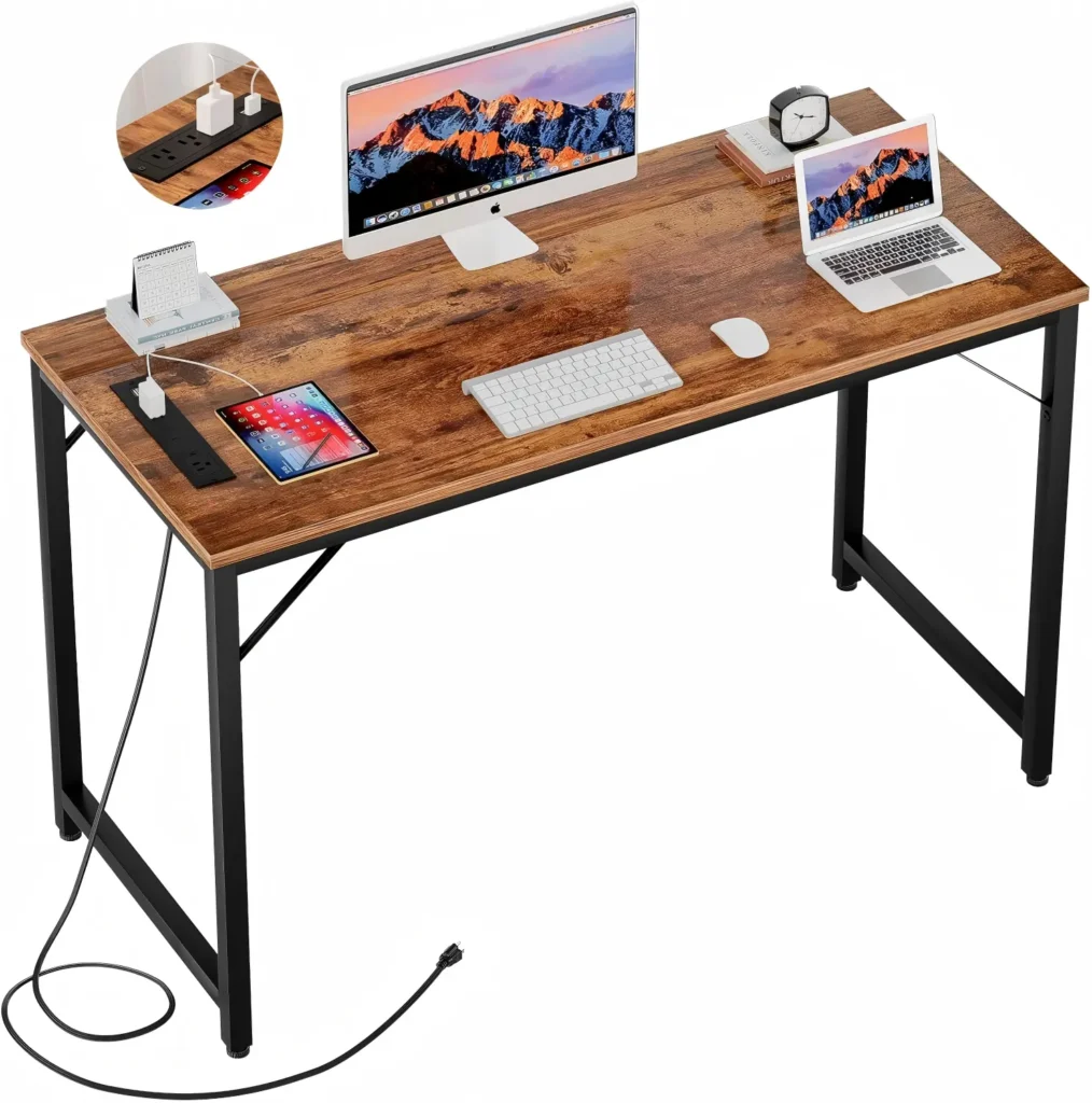 47.2 inch (120cm) rustic brown computer desk with built-in power outlets and USB ports