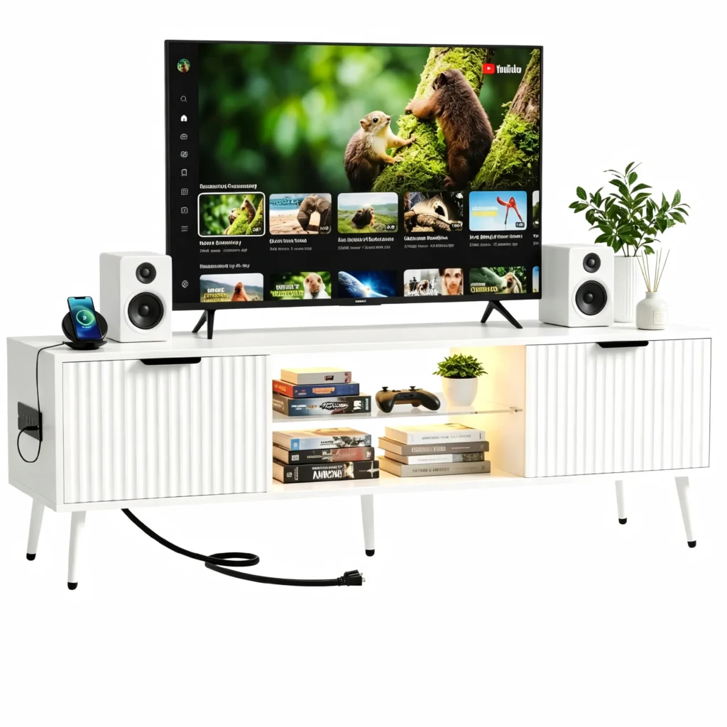 Modern white fluted TV stand with power outlets and warm LED lighting