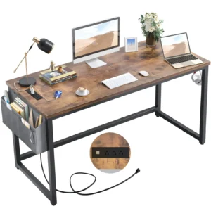 Rustic brown computer desk with built-in power outlets and USB charging ports