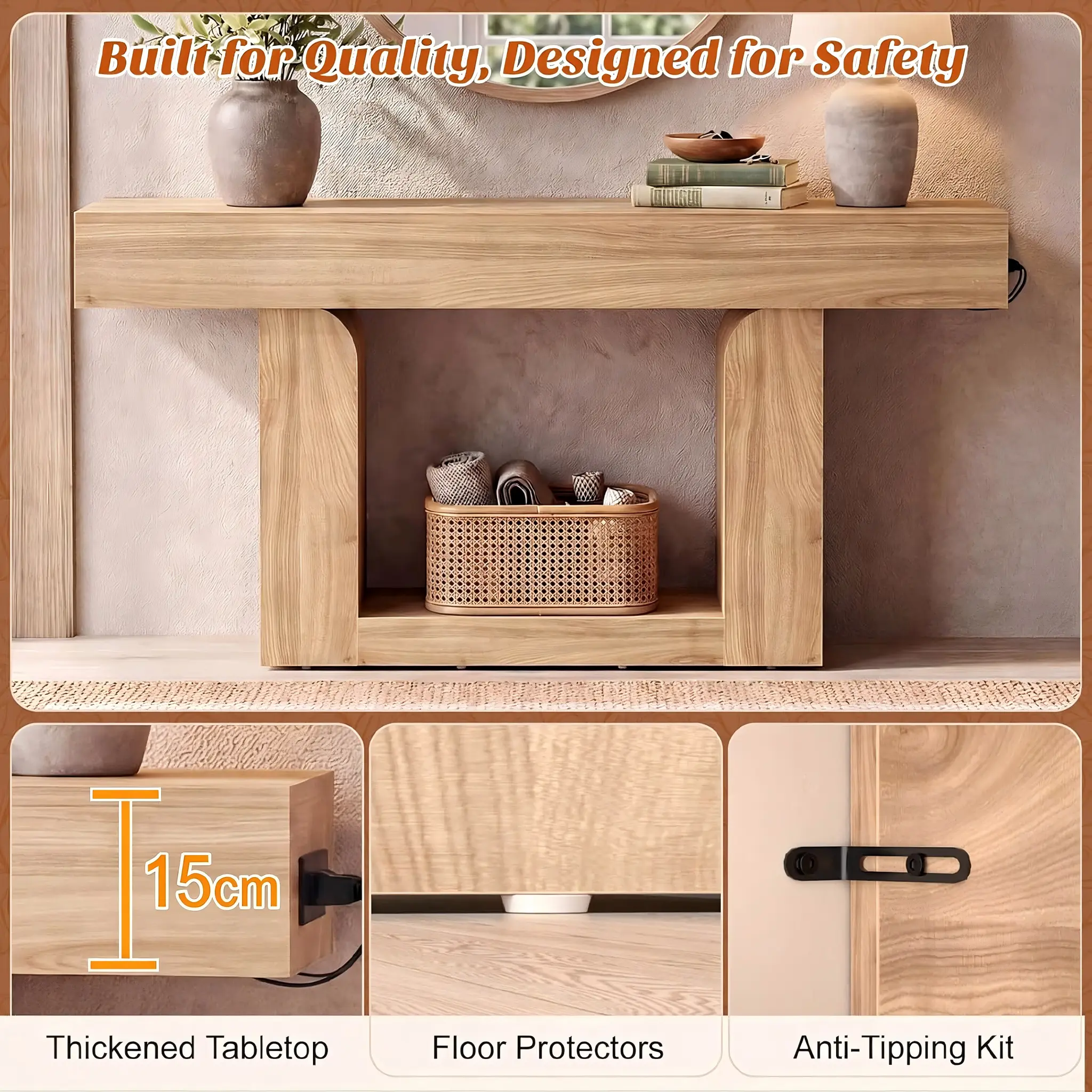 Wooden Console Table Premium Craftsmanship Details Wholesale scratch resistant wooden sofa table with anti tip kit and stable frame for contract furniture safety