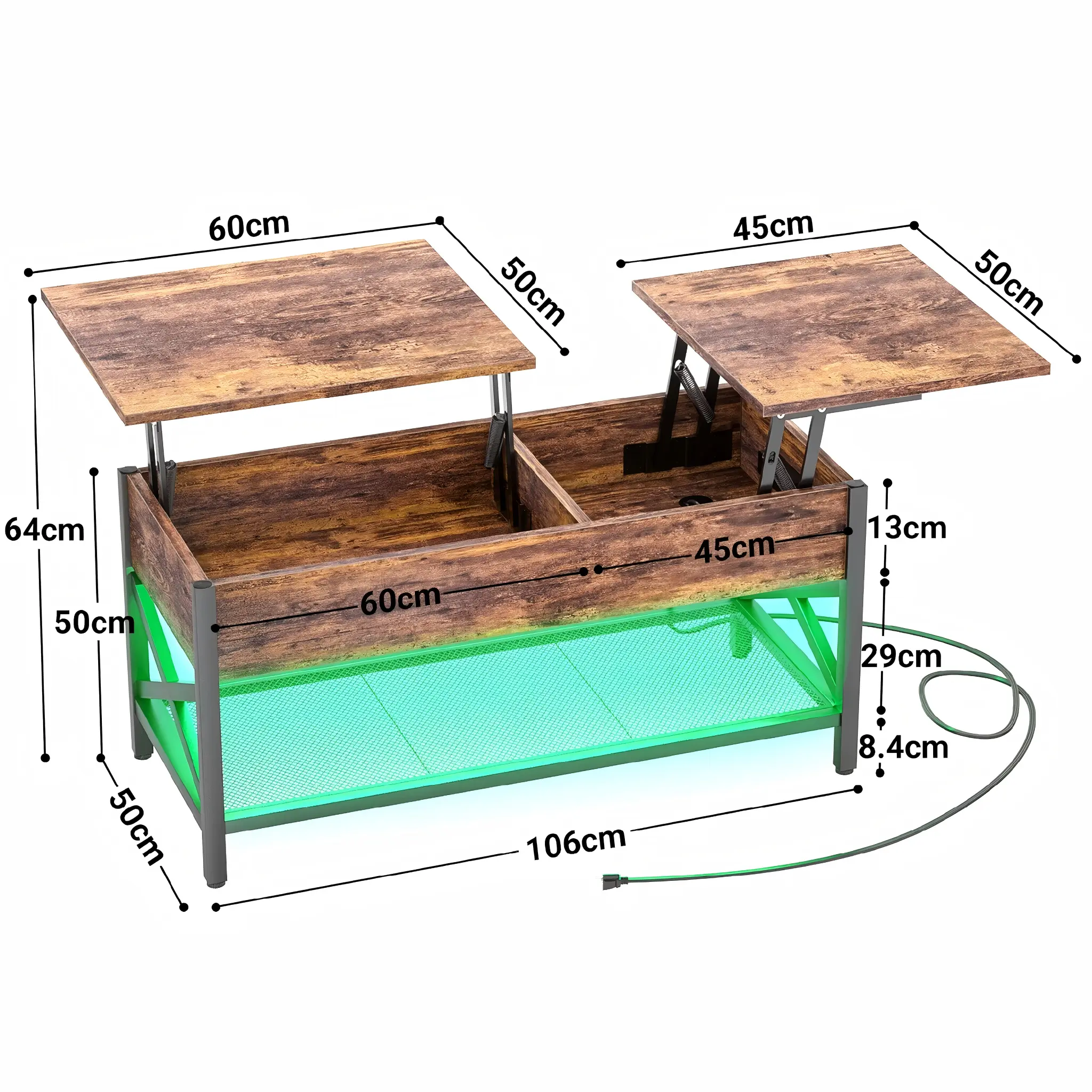 Split Lift Top Coffee Table - Fully Expanded Dimensions Specs Fully Expanded Dimensions and Product Specifications of Split Lift Top Coffee Table with Centimeter Measurements