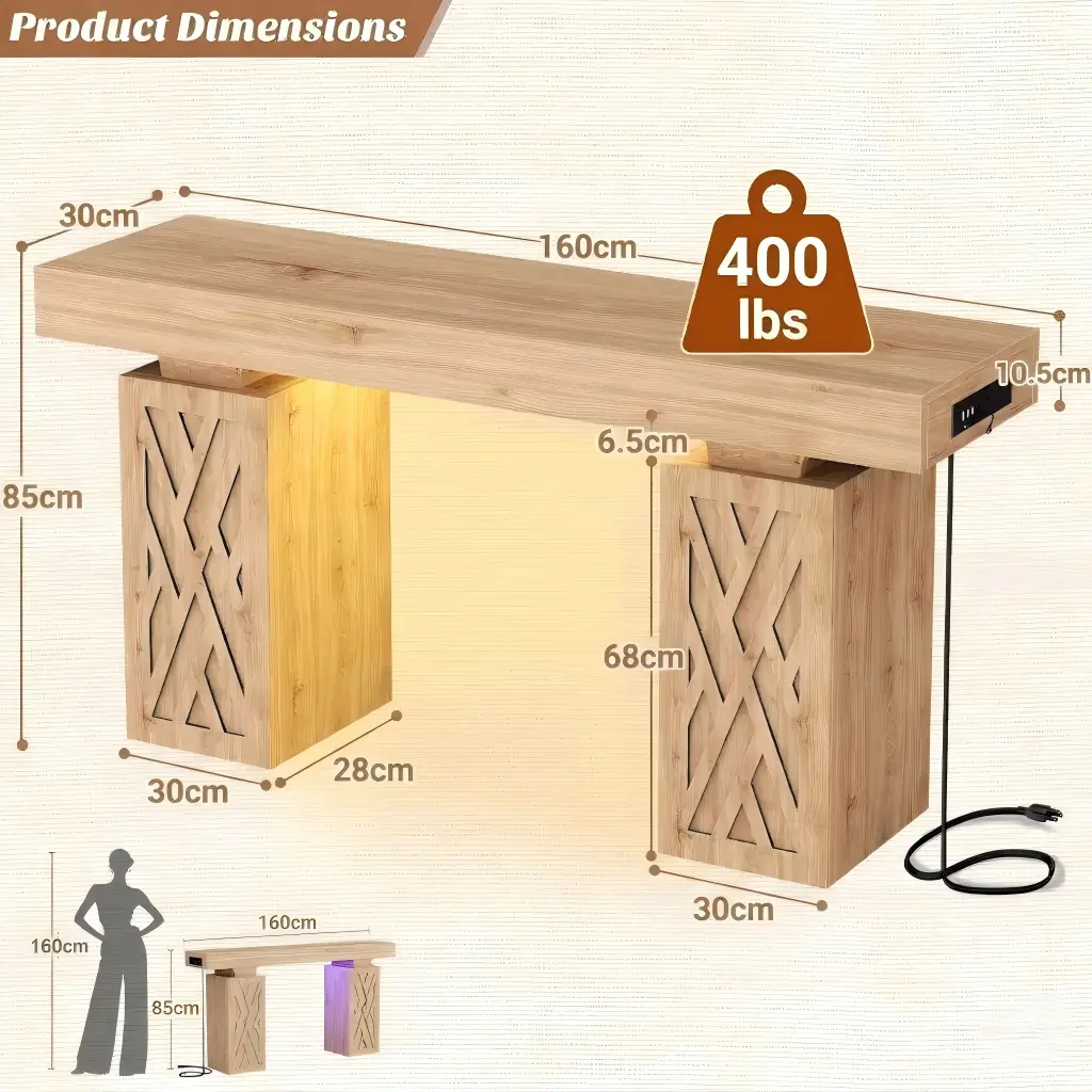 47.2 Inch (120 cm) Carved Pillar Console Table Size Diagram 47.2 inch (120 cm) thick console table with hollow carved legs dimensions and 400 lbs load capacity diagram