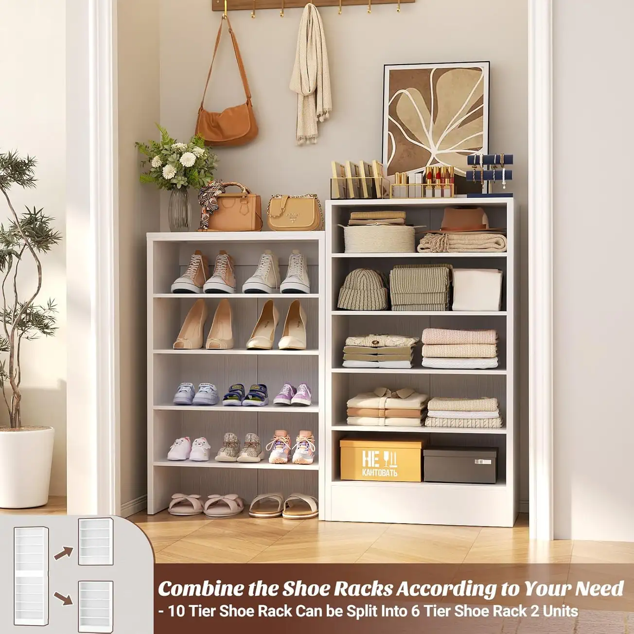 10-Tier Modular Shoe Rack with Splittable Configuration Options A 10-tier white wooden shoe rack split into two separate lower storage units, arranged side-by-side in an entryway to organize shoes, folded clothes, and bags