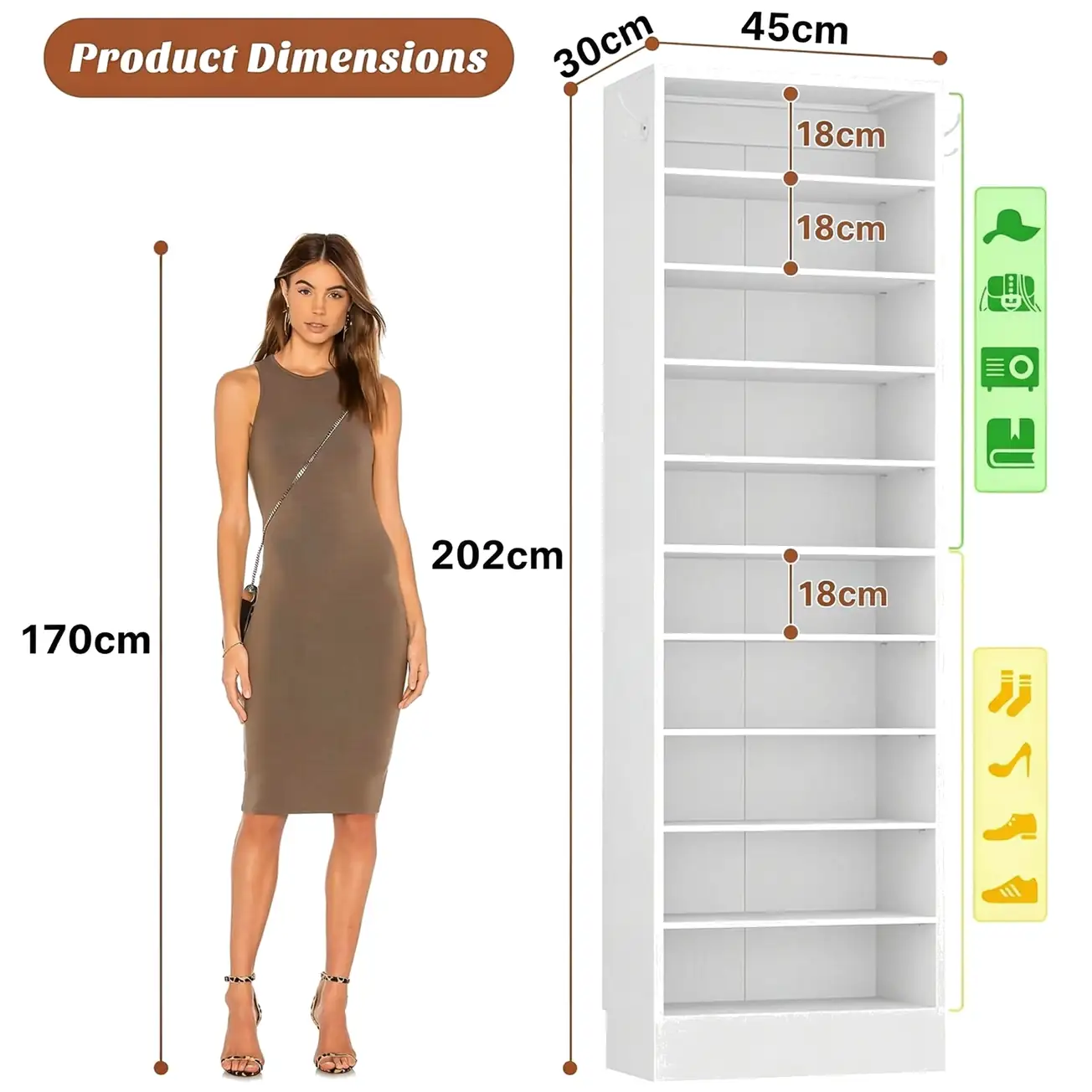 10-Tier Vertical Narrow Shoe Rack Detailed Dimensions & Size Guide Technical dimensions of a 10-tier white shoe rack showing 202cm height, 45cm width, and 30cm depth, with a 170cm human model silhouette for scale comparison