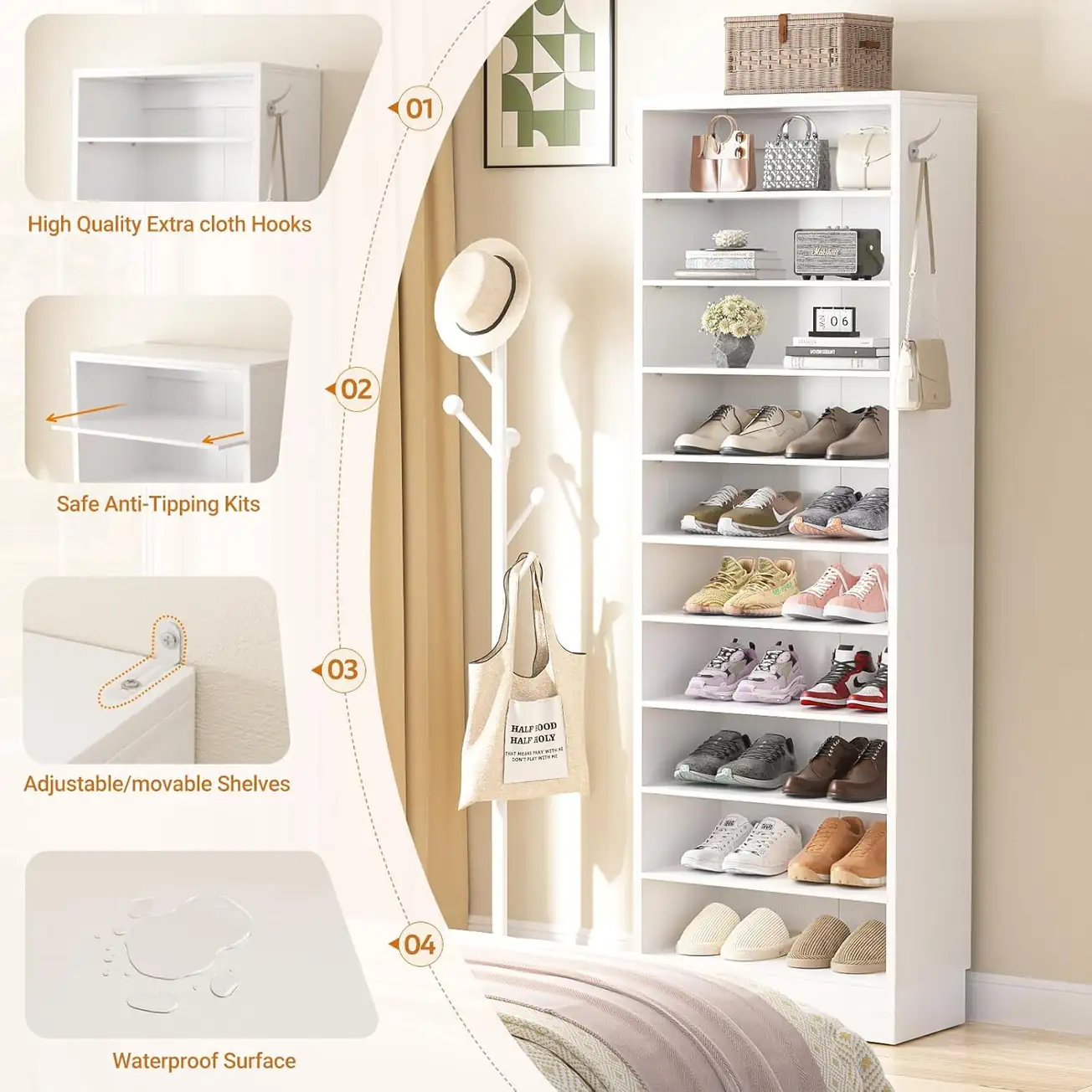 10-Tier Vertical Shoe Rack Core Features & Safety Engineering Infographic of a 10-tier white shoe rack tower showcasing extra cloth hooks, safe anti-tipping kits, adjustable shelves, and a waterproof surface finish