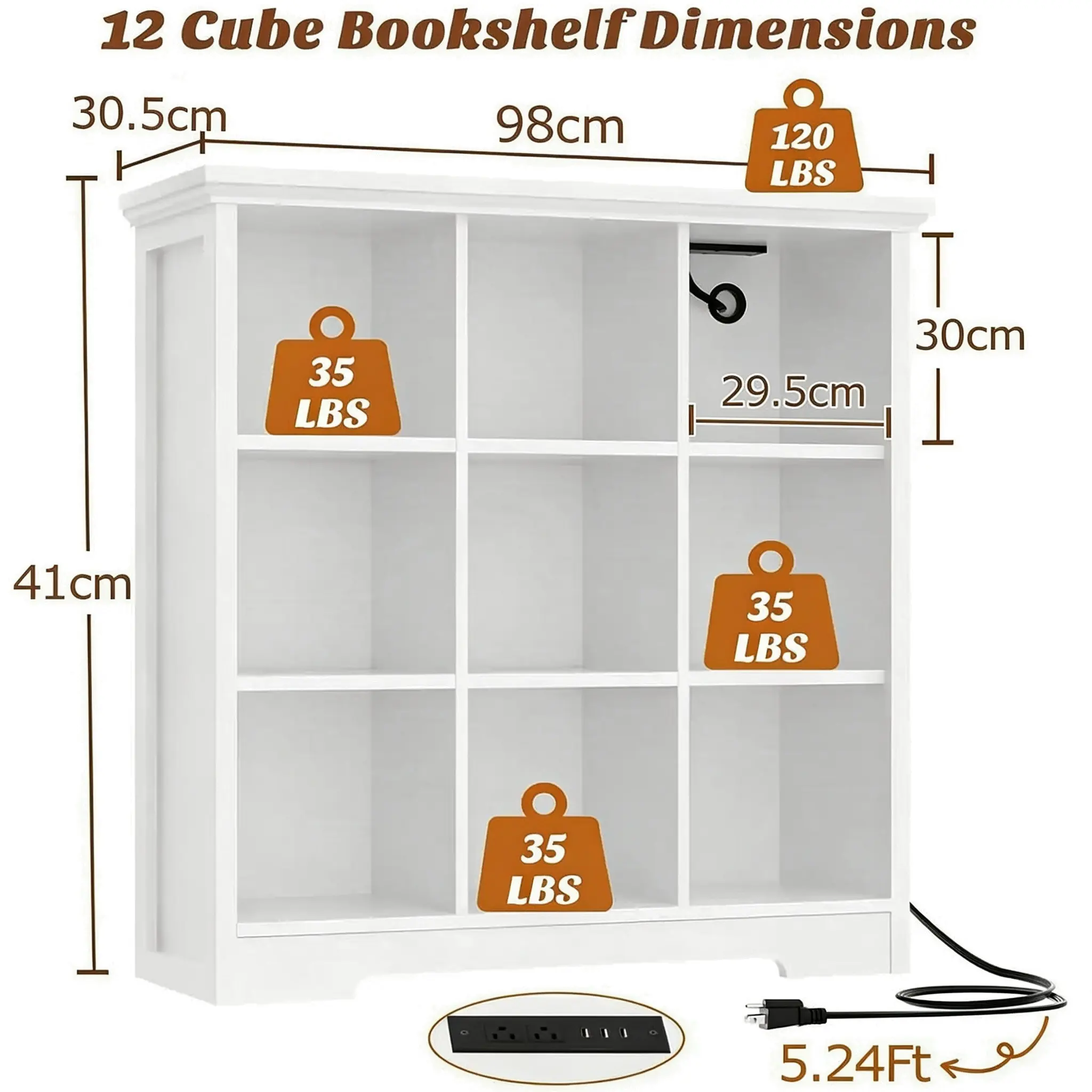 12-Cube Wooden Bookshelf - Dimensions & Weight Capacity Dimension and weight capacity guide for 12-cube wooden bookshelf showing 98cm width and 120lbs top load