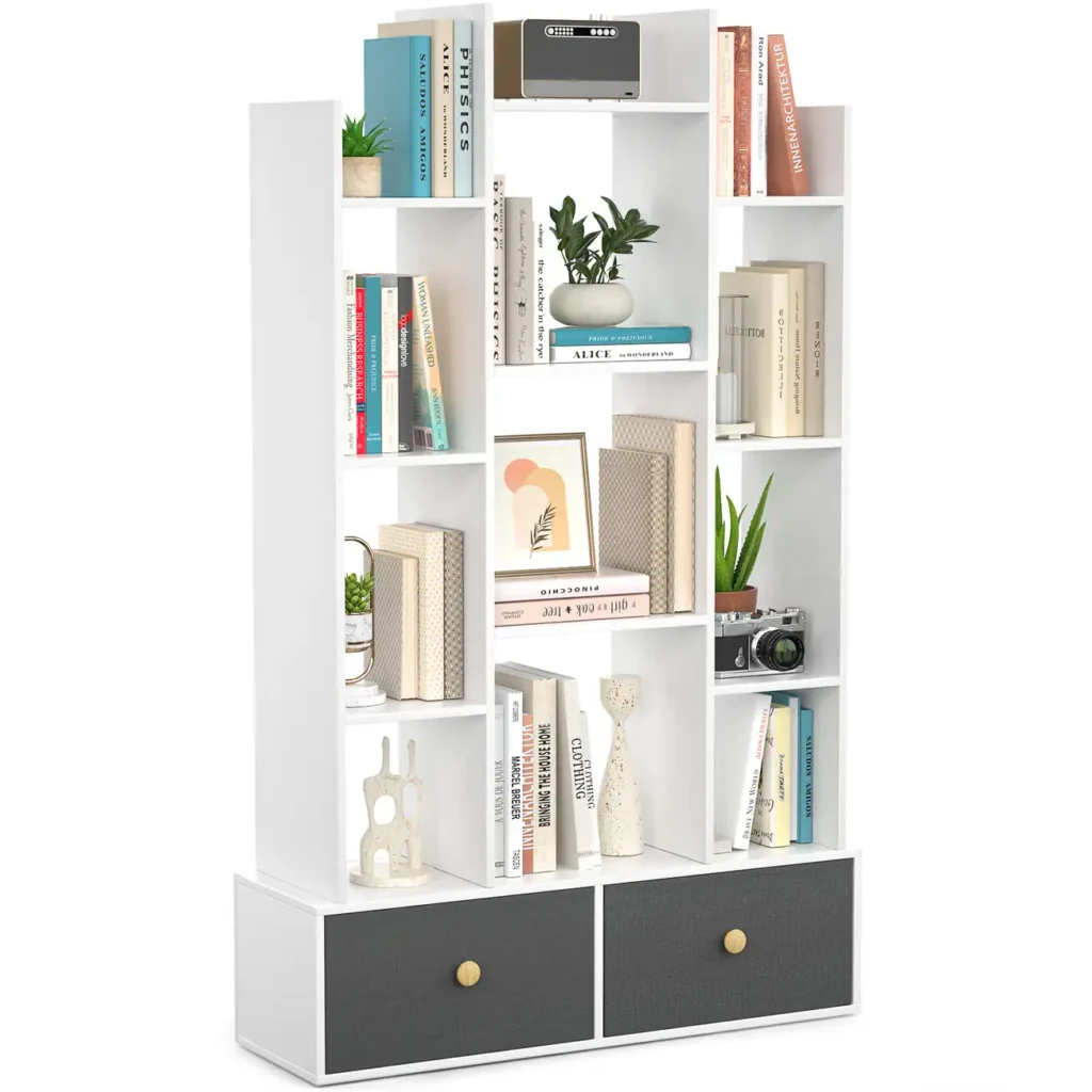 12 open shelves geometric bookshelf with white asymmetrical wood panels and 2 grey bottom storage drawers