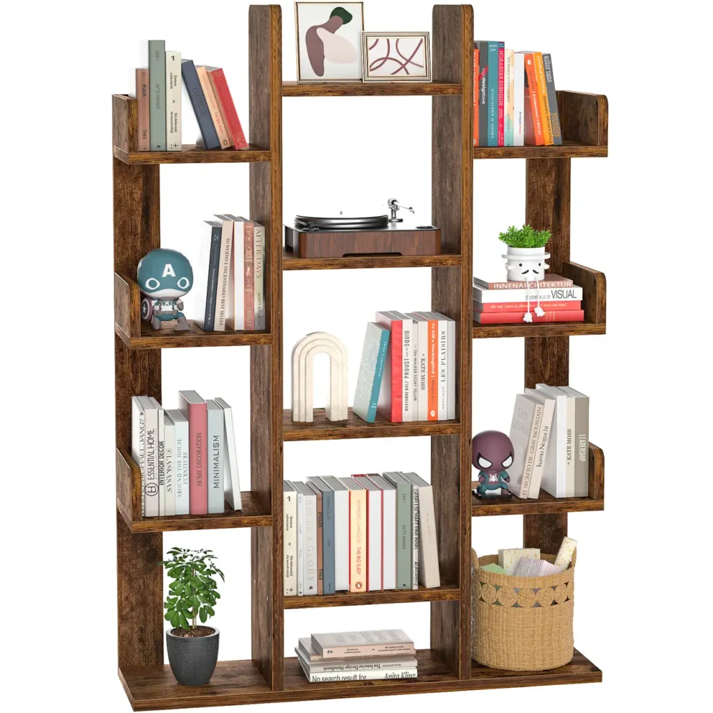 13-compartment tree-shaped bookshelf display rack with rustic brown wood finishes and free floor standing open design