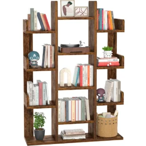 13-compartment tree-shaped bookshelf display rack with rustic brown wood finishes and free floor standing open design