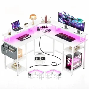 white l shaped gaming desk with monitor stand comfuri